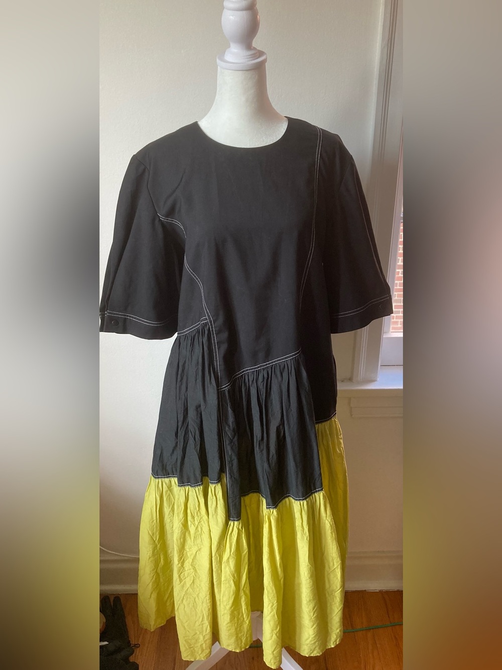 👗 Lovebirds XL Black and Lime Yellow Blocked Gathered Tiered Summer Dress